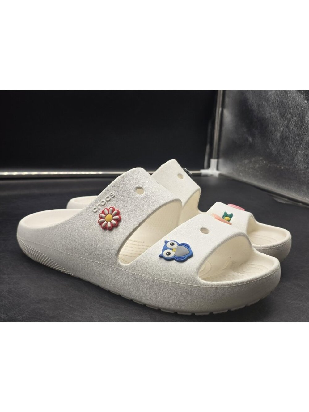Crocs Sandals Womens Size 10 White Slide Jibbitz Animal Charms Stains Shoes